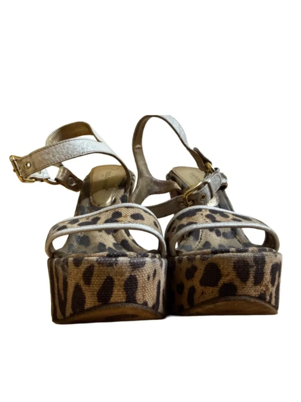 Dolce & Gabbana Leopard Print Canvas Leather Platform Wedge Sandals - VINTAGE!
